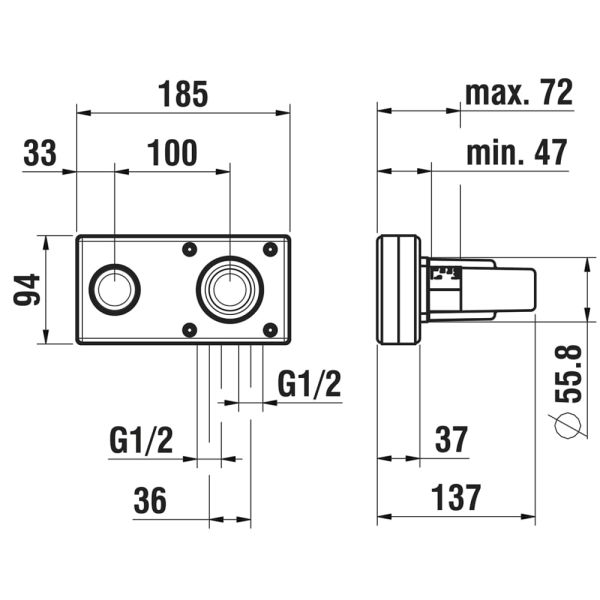 LAUFEN Simibox, podomietkové teleso 2-bodový, páka vpravo, kartuša priemer 35 mm, HF574046000000