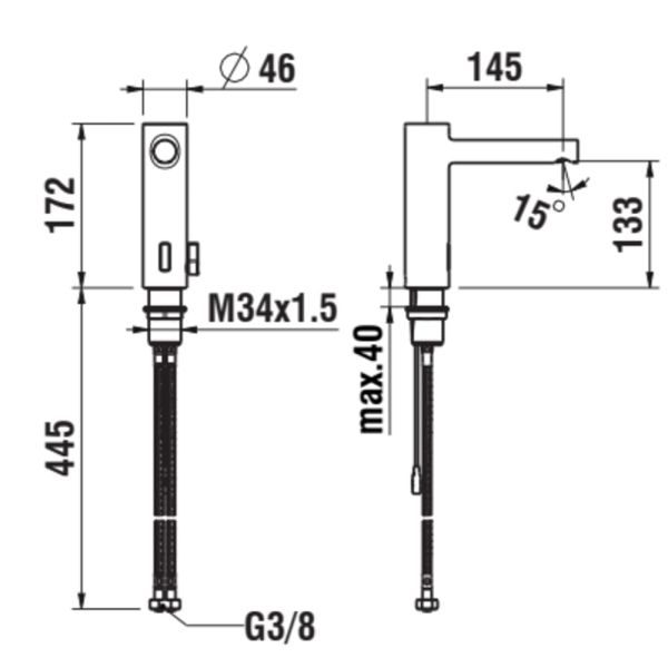 LAUFEN TWINTRONIC Elektronická umývadlová batéria s IR-Senzorom, výtok 145 mmnapájanie: zo siete 230 V, s Bluetooth modulom, PVD inox kartáčovaná oceľ 423, HF707003423000