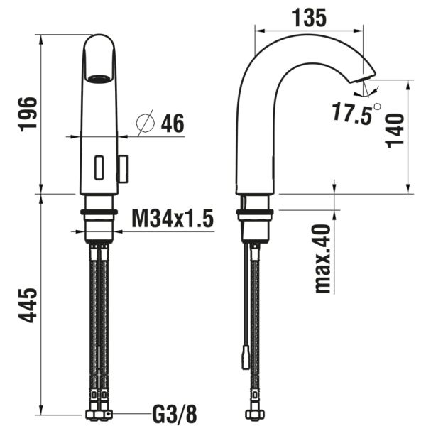 LAUFEN CURVETRONIC Elektronická umývadlová batéria s IR-Senzorom, výtok 135 mm napájanie: batéria 6 V, bez Bluetooth modulu, Chróm 100, HF707153100060