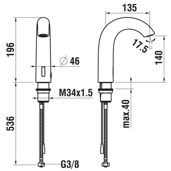LAUFEN CURVETRONIC Elektronická umývadlová batéria s IR-Senzorom pre studenú alebo predzmiešanú vodu, výtok 135 mm, PVD inox kartáčovaná oceľ 423, HF707154423000