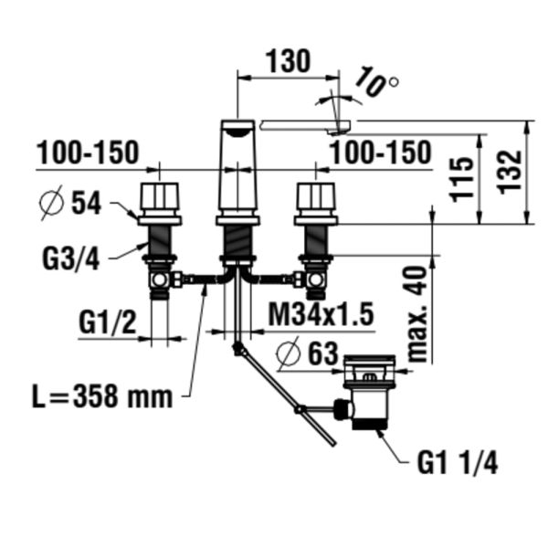 LAUFEN THE NEW CLASSIC Umývadlová 3otvorová batéria, pevný výtok 130 mm, s automatickým výpustom, Chróm 100, HF900511100000