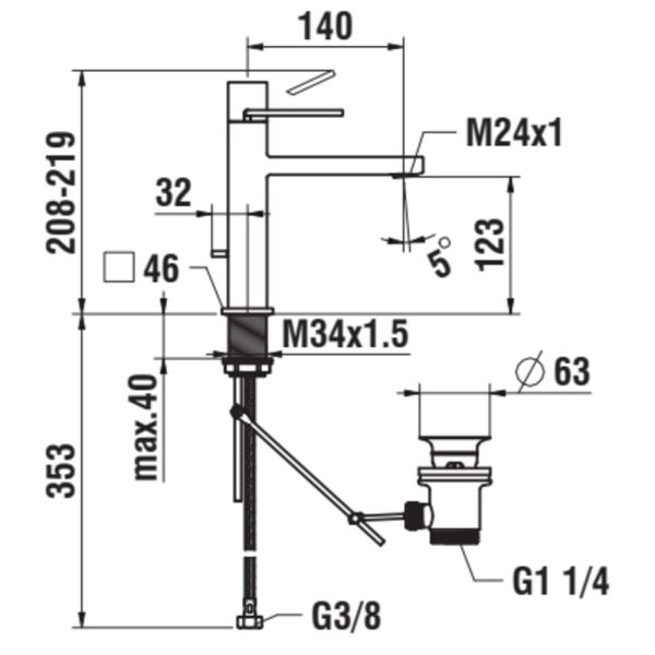 LAUFEN QUADRIGA Umývadlová páková batéria, pevný výtok 140 mm s automatickým výpustom, Chróm 100, HF901103100000