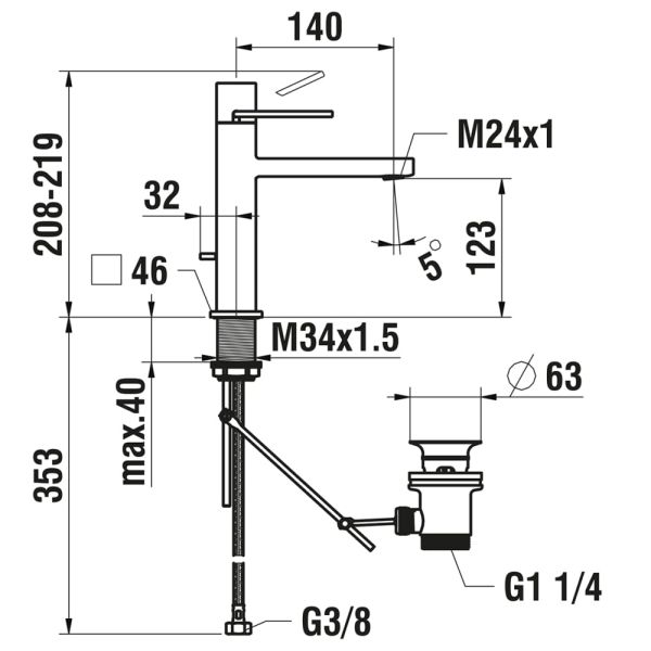 LAUFEN QUADRIGA Umývadlová páková batéria, pevný výtok 140 mm, s automatickým výpustom, PVD inox kartáčovaná oceľ 441, HF901103441000