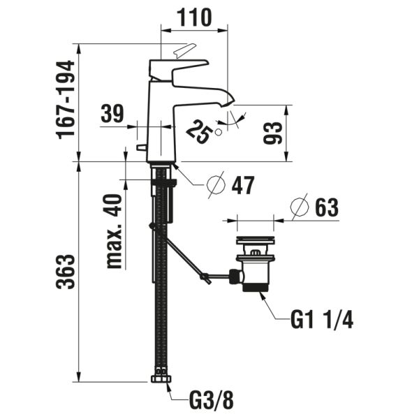 LAUFEN PURE Umývadlová páková batéria, pevný výtok 110 mm, s automatickou výpustou, PVD inox kartáčovaná oceľ 423, HF901701423000