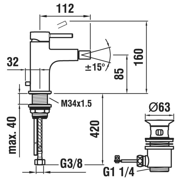 LAUFEN TWINPLUS Bidetová páková batéria, prietok 5,7 l/min, s automatickou výpusťou, Chróm 100, HF905410100000