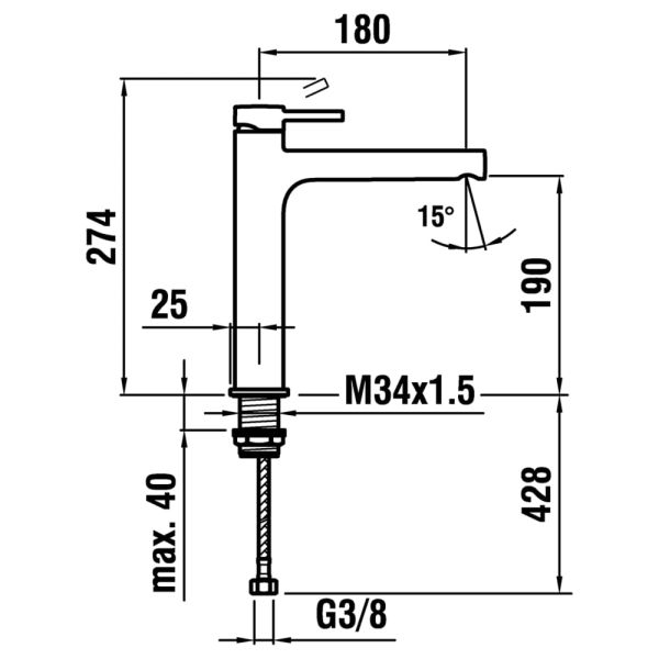 LAUFEN TWINPLUS Umývadlová páková batéria pre umývadlové misy s výtokom 180 mm, prietok 5,7 l/min, bez automatickej výpuste, Chróm 100, HF905414100000
