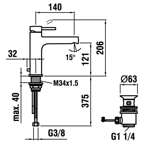 LAUFEN TWINPLUS Umývadlová batéria, Eco+, pevný výtok 140 mm, s automatickou výpusťou, Chróm 100, HF905447100000