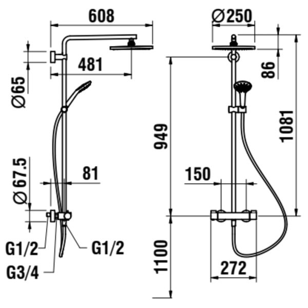 LAUFEN VIVID Sprchový sloup, termostatická baterie, chrom, hlavová sprcha 250 mm ABS, ruční sprcha MyTwin100 - 1 funkce, sprchová hadice 160 cm, Chróm 100, HF905452100625