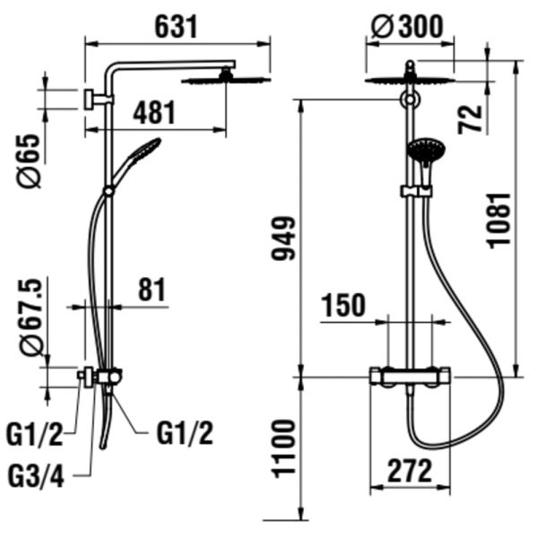 LAUFEN VIVID Sprchový sloup, termostatická baterie, chrom, hlavová sprcha 300 mm nerezová, ruční sprcha MyTwin120 - 3 funkce, sprchová hadice 160 cm, Chróm 100, HF905452100630
