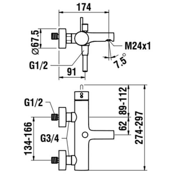 LAUFEN TWINPLUS Vaňová nástenná páková batéria, prietok 10,8 l / min - merané u ručnej sprchy, so sprchovou hadicou 1500 mm a ručnou sprchou MyTwin100, Chróm 100, HF905460100600