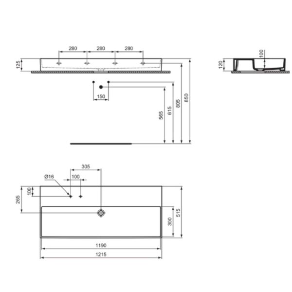 SOLOS Umývadlo 121,5x51,6 cm, s dvoma otvormi pre batériu, farba biela lesklá, bez prepadového otvoru, T536801