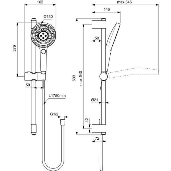 IDEALRAIN SOLOS Sprchová kombinácia 60 cm s 3-funkčnou ručnou sprchou Ø130 mm, farba hodvábne čierna, A7897XG