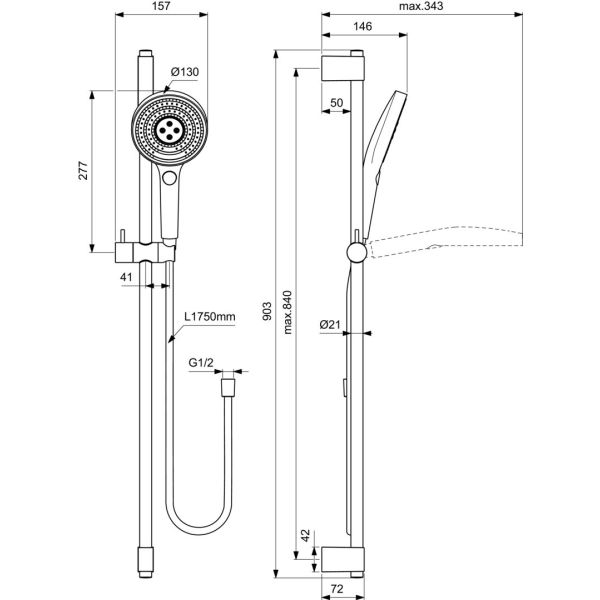 IDEALRAIN SOLOS Sprchová kombinácia 90 cm s 3-funkčnou ručnou sprchou Ø130 mm, farba magnetovo sivá, A7898A5