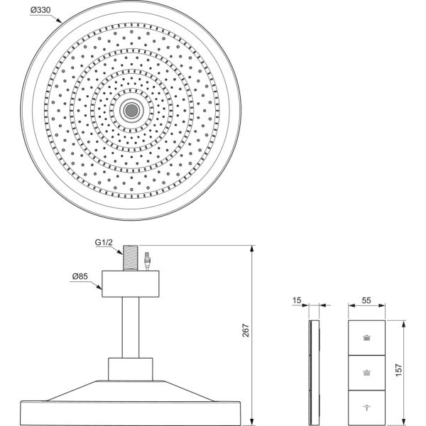 IDEALRAIN SOLOS 3-funkčná hlavová sprcha Ø 330 mm s LED svetlom, s diaľkovým ovládaním, so stropným pripojením, farba povrchu chróm,A7891AA