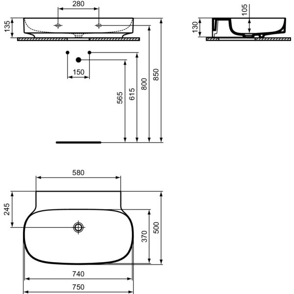LINDA-X Umývadlo nástenné75x50 cm, bez otvoru pre batériu, T439801