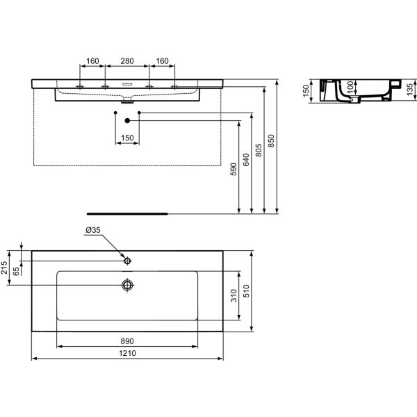 EXTRA Umývadlo 120x51 cm, s otvorom pre batériu, farba biela lesklá ideal plus, s prepadovým otvorom, T4370MA