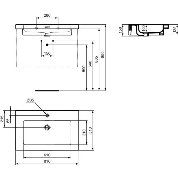 EXTRA Umývadlo 81x51 cm, s otvorom pre batériu, farba biela lesklá ideal plus, s prepadovým otvorom, T4362MA