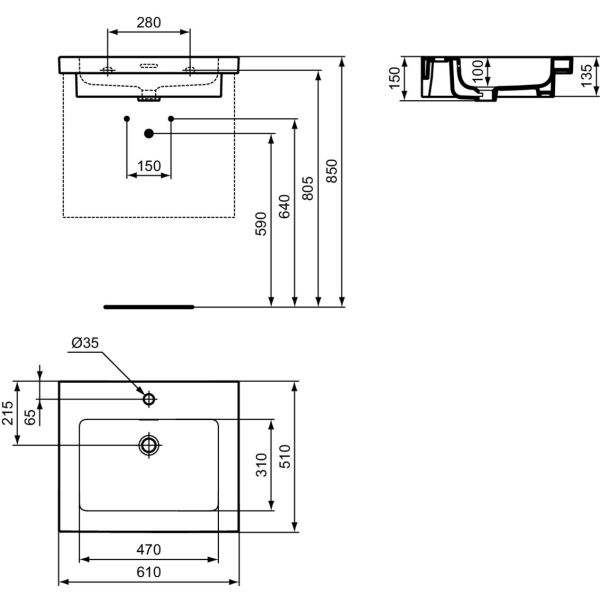 EXTRA Umývadlo 61x51 cm, s otvorom pre batériu, farba biela matná, s prepadovým otvorom, T4358V1
