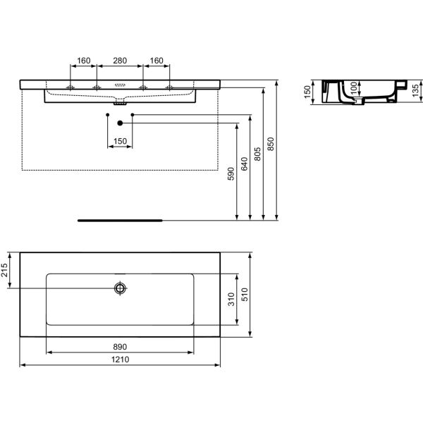 EXTRA Umývadlo 121x51 cm, bez otvoru pre batériu, farba biela lesklá ideal plus, s prepadovým otvorom, T4373MA