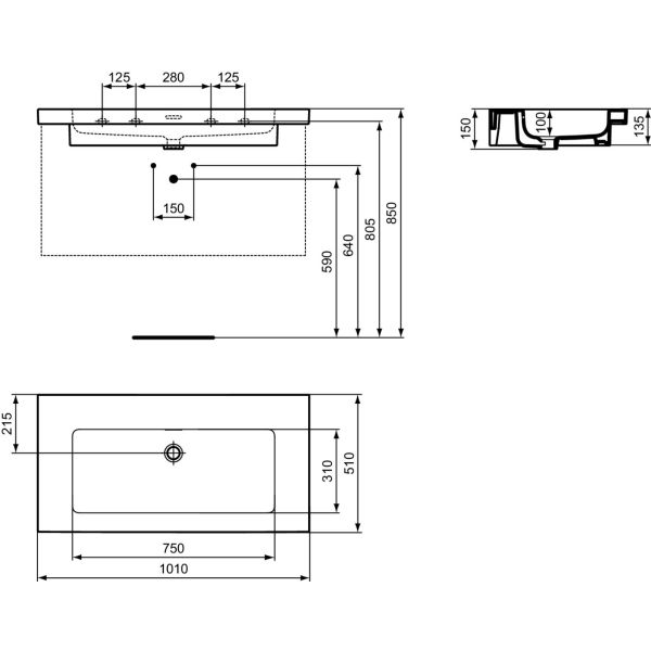 EXTRA Umývadlo 101x51 cm, bez otvoru pre batériu, farba biela lesklá ideal plus, s prepadovým otvorom, T4369MA