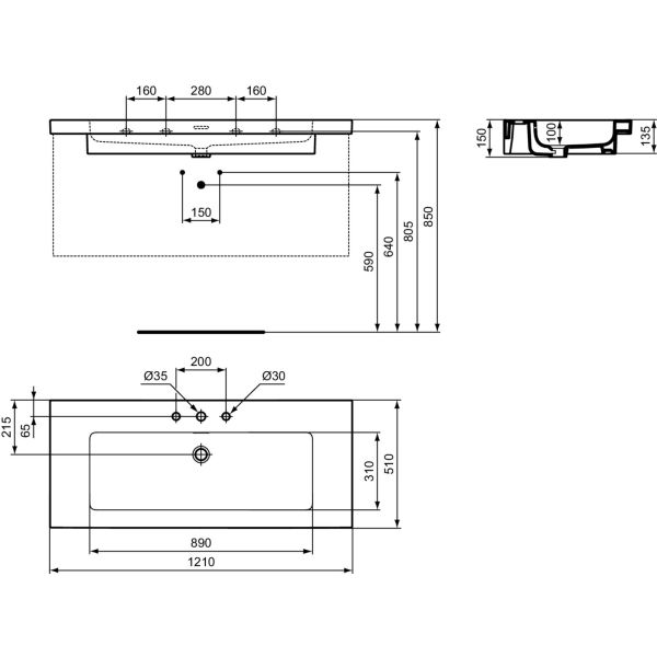 EXTRA Umývadlo 121x51 cm, s 3 otvormi pre batériu, farba biela lesklá ideal plus, s prepadovým otvorom, T4372MA