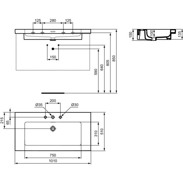 EXTRA Umývadlo 101x51 cm, s 3 otvormi pre batériu, farba biela lesklá, s prepadovým otvorom, T436801