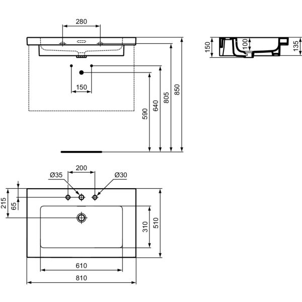 EXTRA Umývadlo 81x51 cm, s 3 otvormi pre batériu, farba biela lesklá ideal plus, s prepadovým otvorom, T4364MA
