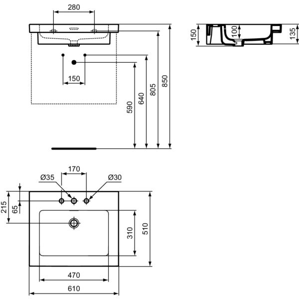 EXTRA Umývadlo 61x51 cm, s 3 otvormi pre batériu, farba biela lesklá ideal plus, s prepadovým otvorom, T4360MA