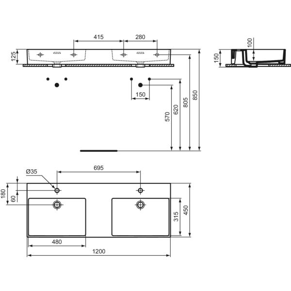 EXTRA Dvojumývadlo 120x45 cm, s otvorom pre batériu, farba biela matná, s prepadovým otvorom, T3913V1
