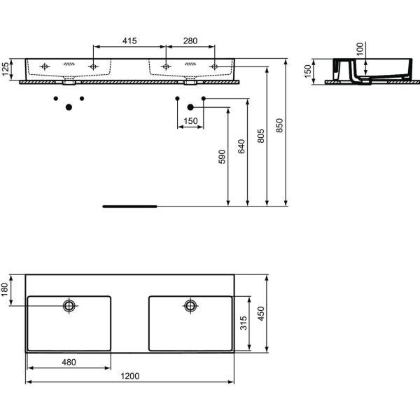 EXTRA Dvojumývadlo 120x45 cm, bez otvoru pre batériu, farba biela lesklá, s prepadovým otvorom, T391501