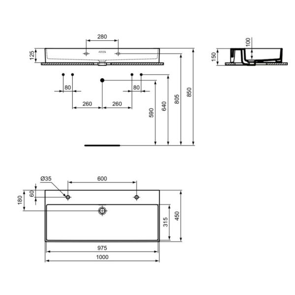 EXTRA Umývadlo 100x45 cm, s 2 otvormi pre batériu, farba biela lesklá ideal plus, s prepadovým otvorom, T3902MA