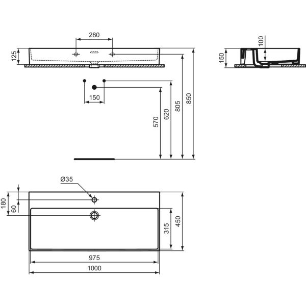EXTRA Umývadlo 100x45 cm, s otvorom pre batériu, farba biela lesklá ideal plus, s prepadovým otvorom, T3905MA