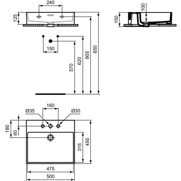 EXTRA Umývadlo 50x45 cm, s 3 otvormi pre batériu, farba biela lesklá, s prepadovým otvorom, T388201