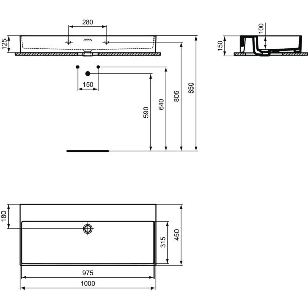EXTRA Umývadlo 100x45 cm, bez otvoru pre batériu, farba biela lesklá ideal plus, s prepadovým otvorom, T3908MA
