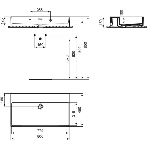 EXTRA Umývadlo 80x45 cm, bez otvoru pre batériu, farba biela lesklá ideal plus, s prepadovým otvorom, T3901MA