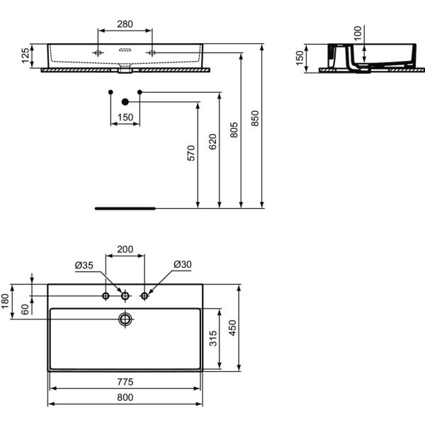 EXTRA Umývadlo 80x45 cm, s 3 otvormi pre batériu, farba biela lesklá ideal plus, s prepadovým otvorom, T3900MA