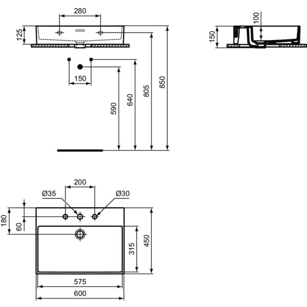 EXTRA Umývadlo 60x45 cm, s 3otvormi pre batériu, farba biela lesklá ideal plus, s prepadovým otvorom, T3890MA