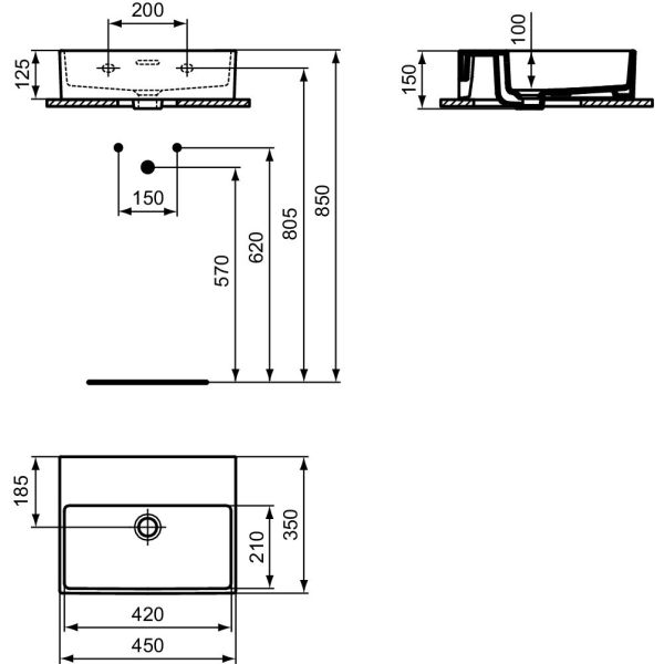 EXTRA Umývadielko 45x35 cm, bez otvoru pre batériu, farba biela lesklá ideal plus, s prepadovým otvorom, T3918MA