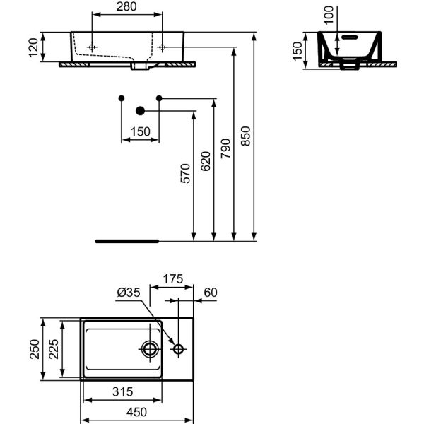 EXTRA Umývadielko 45x25 cm, s  otvorom pre batériu v Pravo, farba biela lesklá, s prepadovým otvorom, T373401