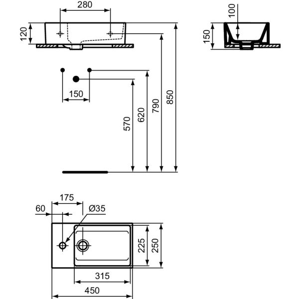 EXTRA Umývadielko 45x25 cm, s  otvorom pre batériu v Ľavo, farba biela lesklá, s prepadovým otvorom, T392001