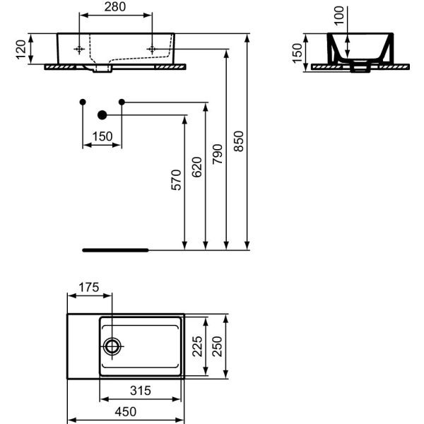 EXTRA Umývadielko 45x25 cm, odkladacia plocha v Ľavo, farba biela lesklá, s prepadovým otvorom, T392101