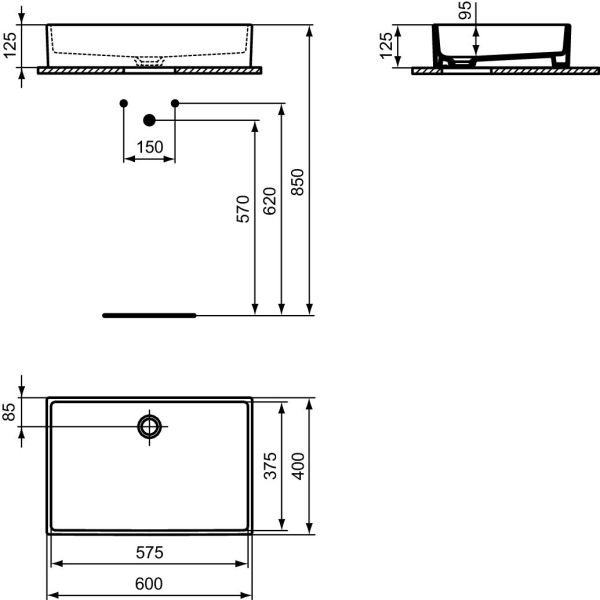 EXTRA Umývadlo na dosku 60x40 cm, farba biela matna, bez prepadového otvoru, T3740V1