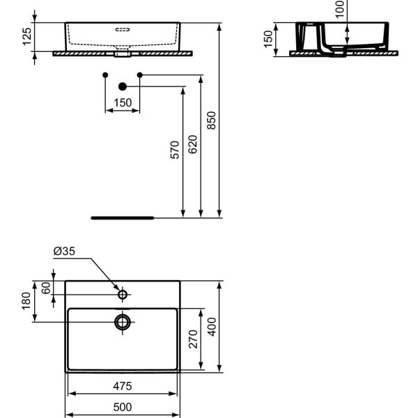EXTRA Umývadlo na dosku 60x40 cm, farba biela lesklá ideal plus, s otvorom pre batériu, s prepadovým otvorom, T3741MA