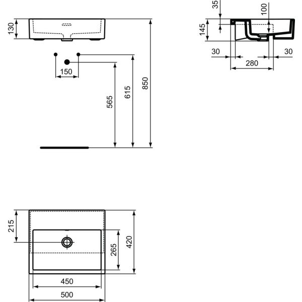 EXTRA Umývadlo polozáputné 50x42 cm, farba biela lesklá, bez otvoru pre batériu, s prepadovým otvorom, T427801