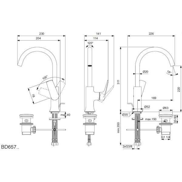 LA DOLCE VITA umývadlová batéria vysoká s odpadovou garnitúrou a flexibilnými hadicami, BD657GN