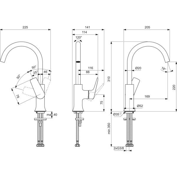 LA DOLCE VITA umývadlová batéria vysoká bez odpadovej garnitúry a flexibilnými hadicami, BD658GN