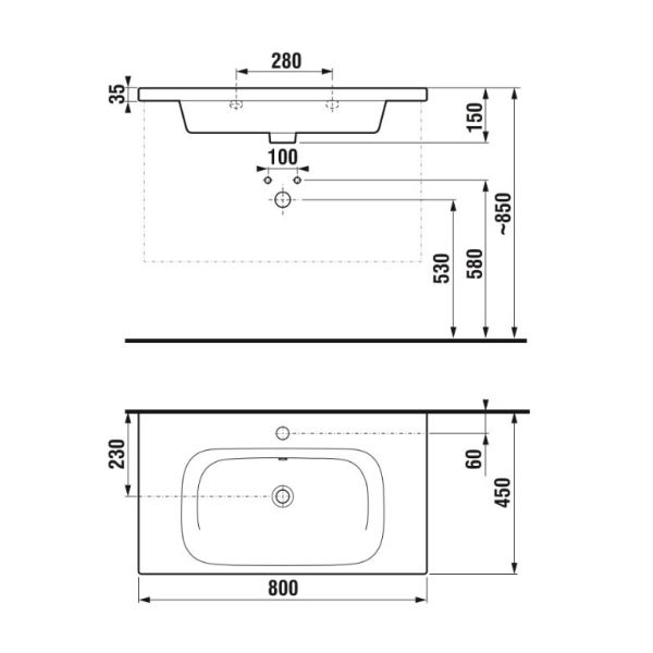 LAUFEN BASAL Umývadlo s jedným otvorom pre batériu uprostred s prepadom, 800x450 mm, farba Biela, H8127160001311
