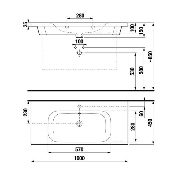 LAUFEN BASAL Umývadlo s jedným otvorom pre batériu uprostred s prepadom, 1000x450 mm, farba Biela, 	H8147130001311
