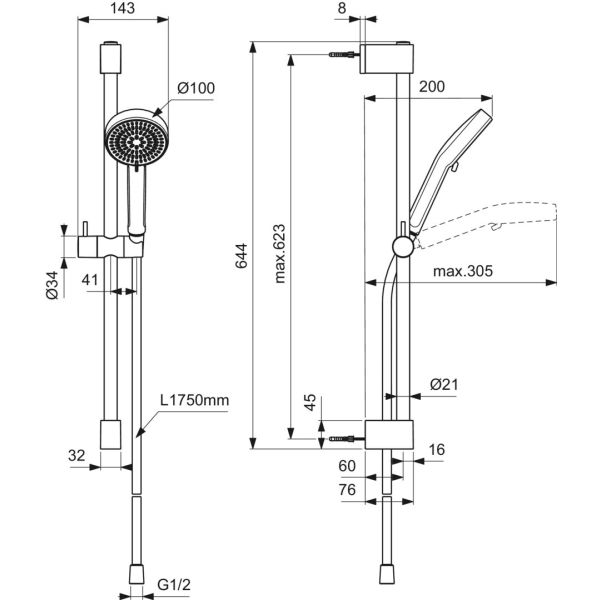 IDEALRAIN Sprchová kombinácia, tyč 60 cm, BE233AA