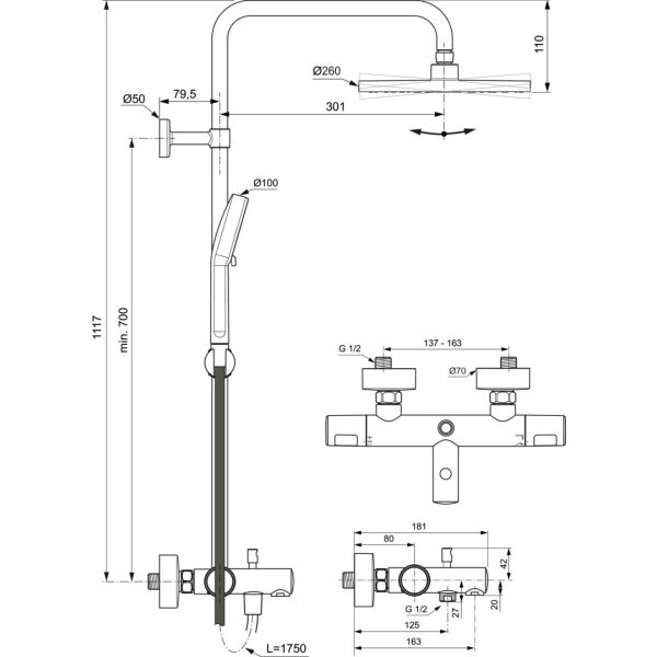 CERATHERM T25 Sprchový systém s vaňovou termostatickou batériou, výška 1117 mm, A8479AA